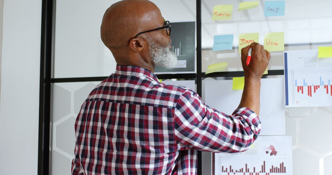Businessman Planning Strategy with Sticky Notes in Modern Office