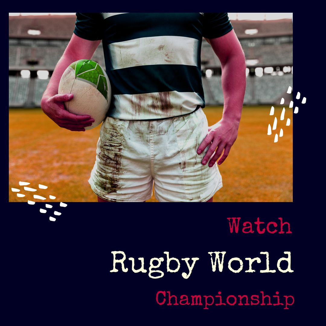 Caucasian Rugby Player Holding Ball on Field Promoting Championship