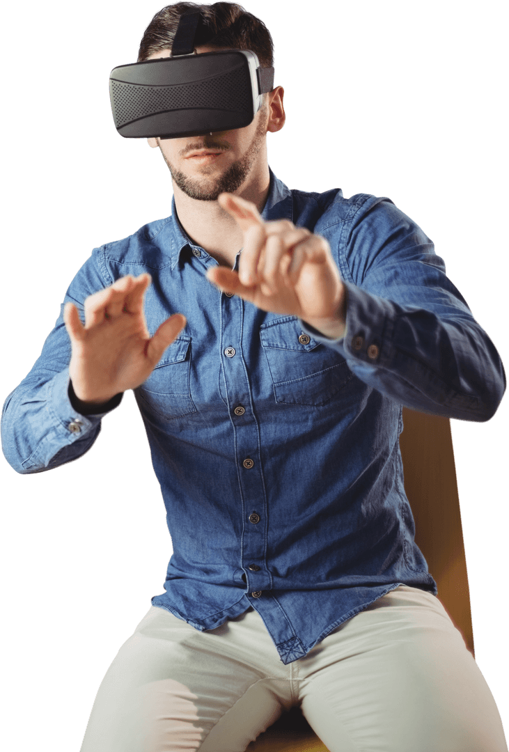 Caucasian Man Engaged with VR Headset on Transparent Background