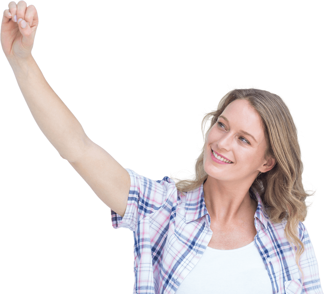 Transparent Happy Woman Pointing Upward Against White Background
