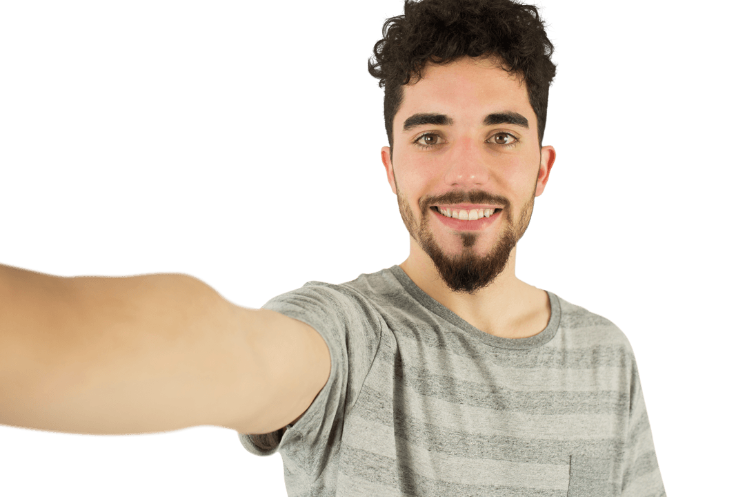 Smiling Young Man in Striped Shirt Taking Selfie with Transparent Background
