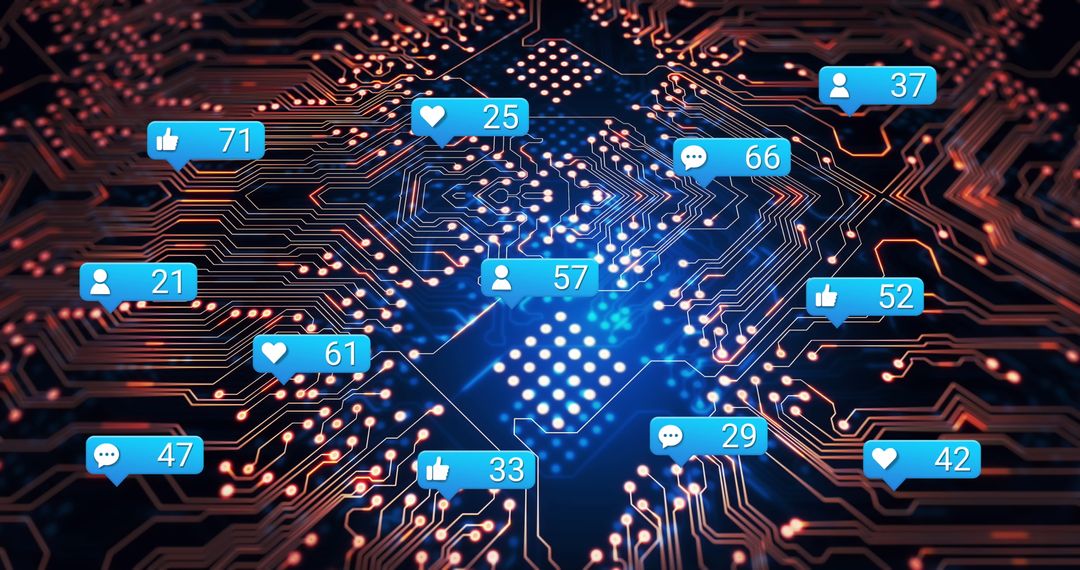Social media chat icons integrated with digital circuit board