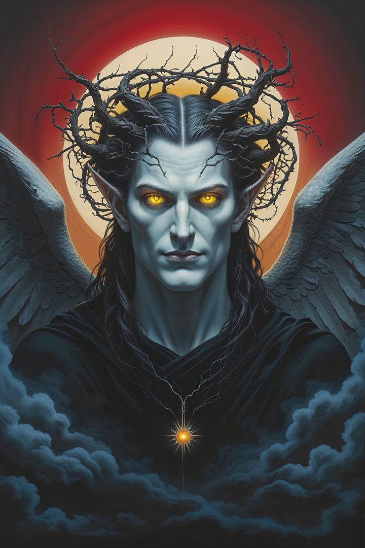 Mythical satan with twisted antlers surrounded by mystical mist and wings