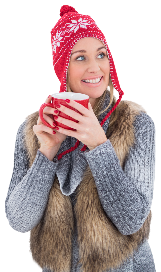 Blonde Woman Holding Red Mug in Winter Clothes on Transparent Background - Download Free Stock Images Pikwizard.com