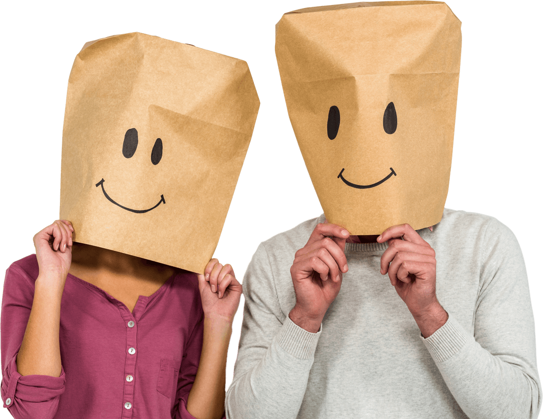Fully Transparent Couple Wearing Paper Bag Smiley Faces