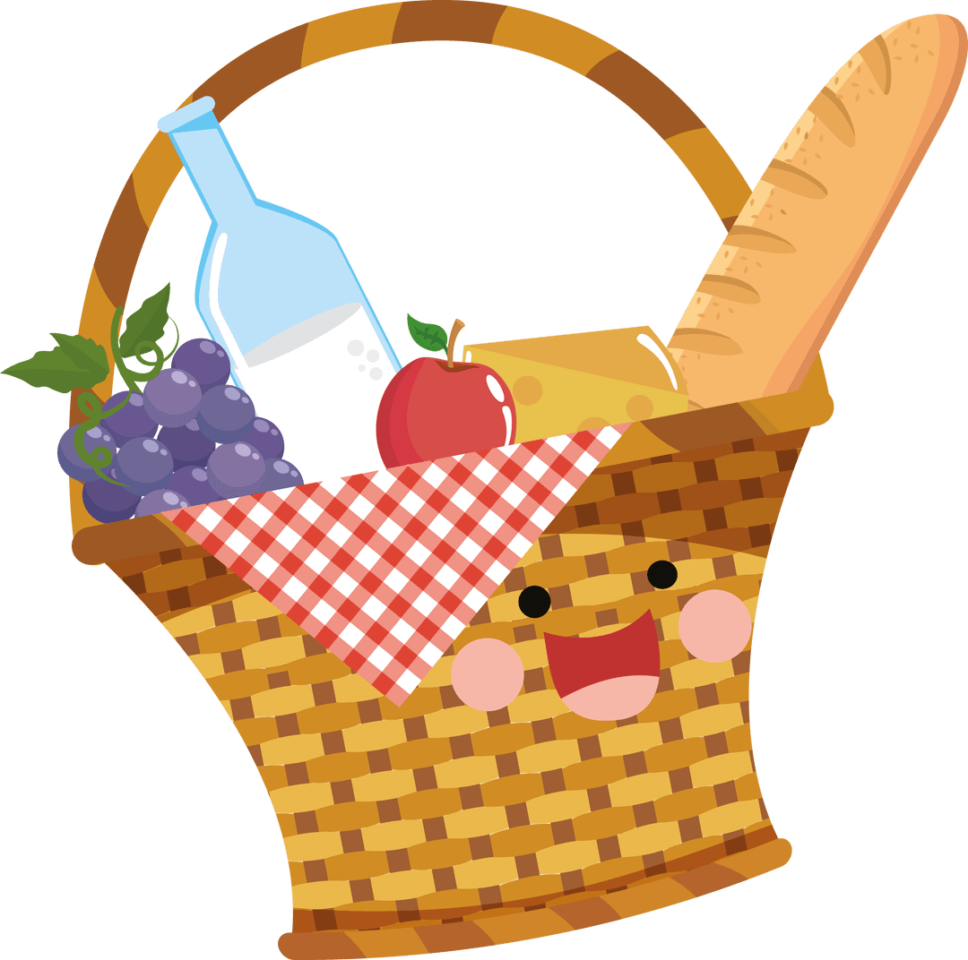 Cartoon Picnic Basket with Smiling Face on Transparent Background