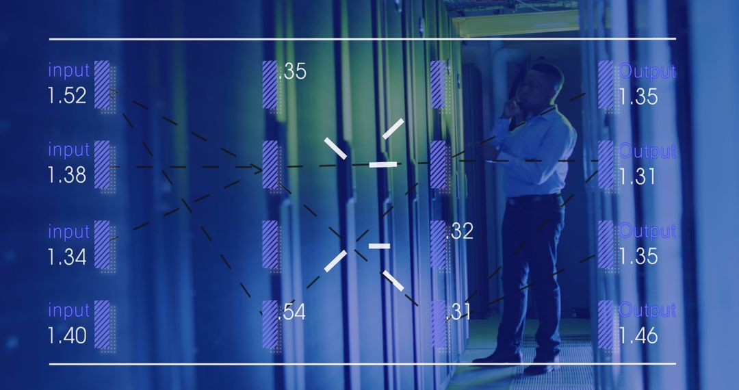 Technician Monitoring Server Room with Data Overlay