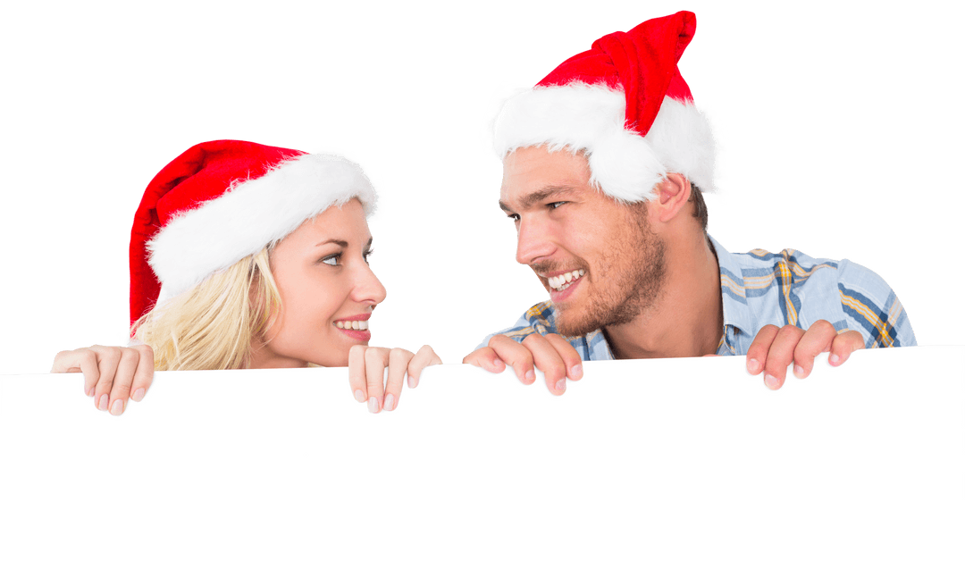 Couple Smiling in Santa Hats on Transparent Background