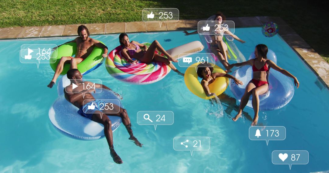 Friends lounging on colorful pool floats with social media overlay notifications, summer fun