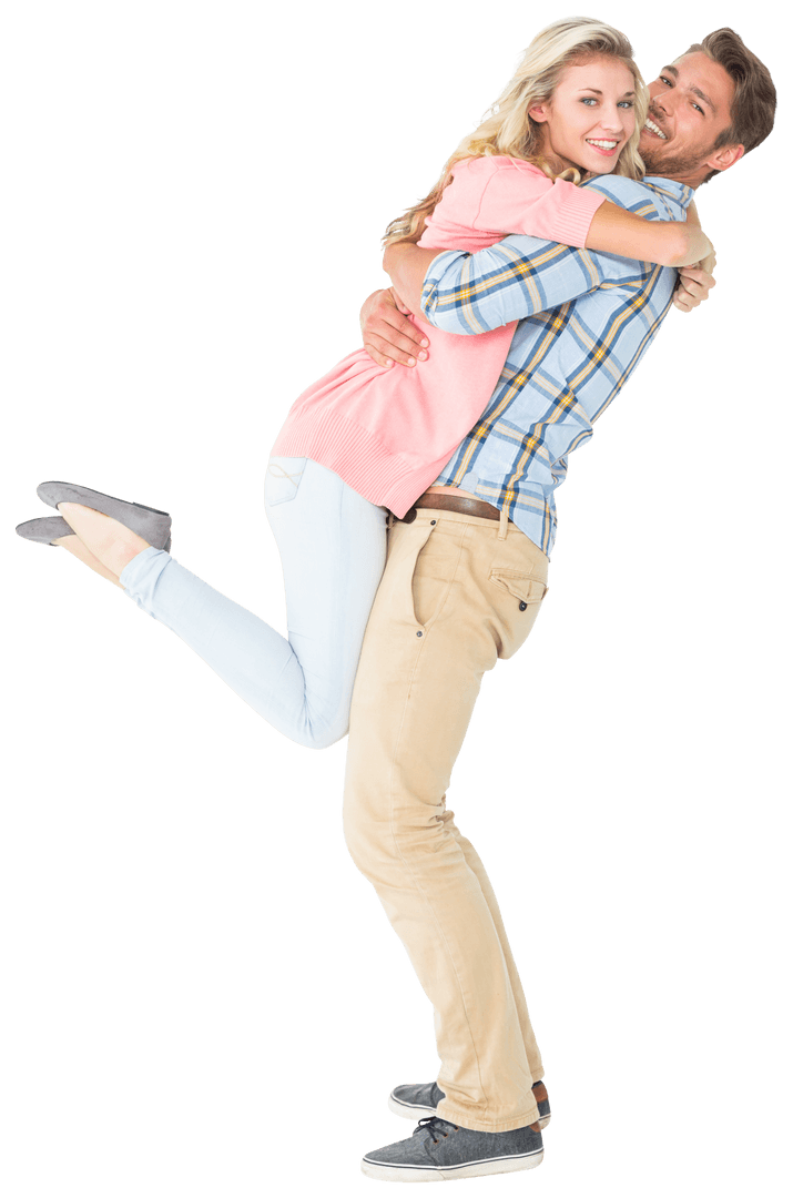 Smiling Couple Embracing in Joyful Hug on Transparent Background