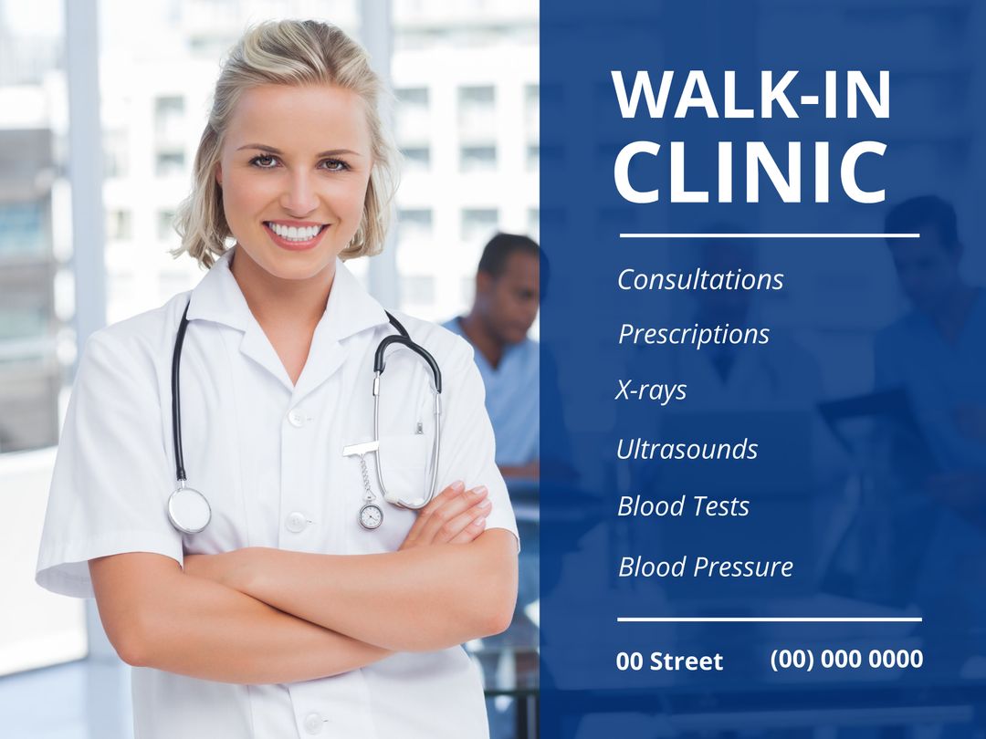 Smiling Female Doctor Showcasing Walk-In Clinic Services