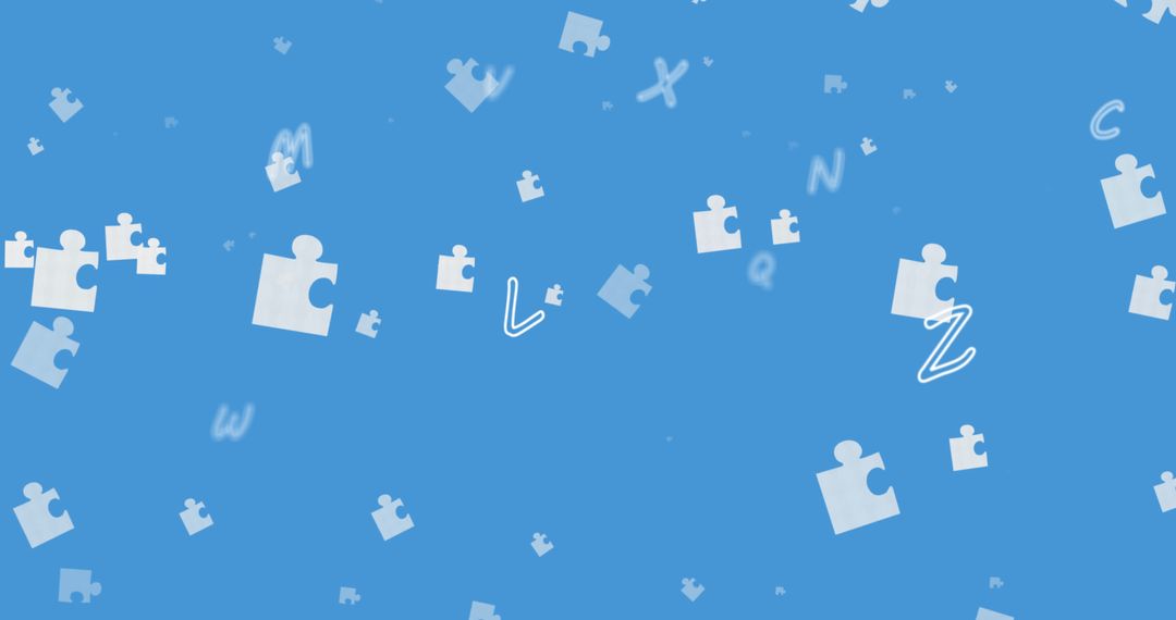 Scattered Puzzle Pieces and Letters on Blue Background