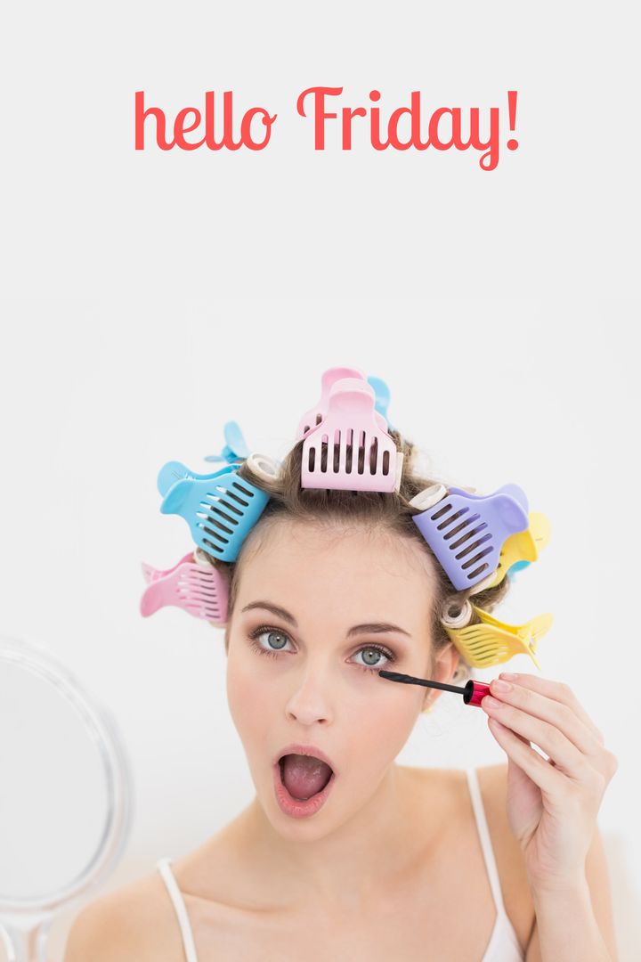 Woman Applying Makeup with Hair Rollers, Excited for Friday - Download Free Stock Templates Pikwizard.com