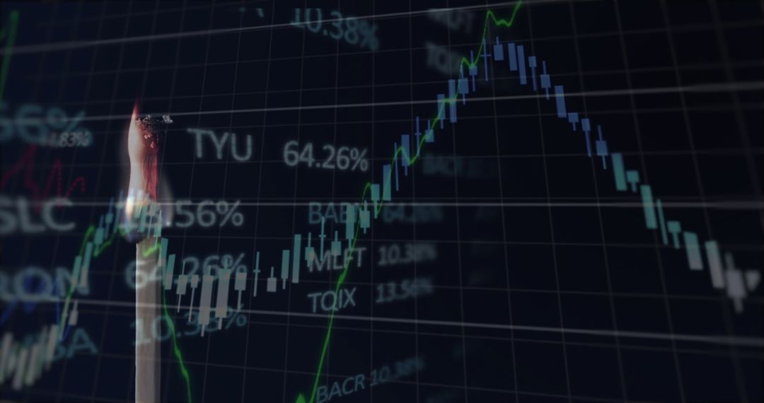 Financial Data Display with Fiery Match Symbolizing Market Volatility