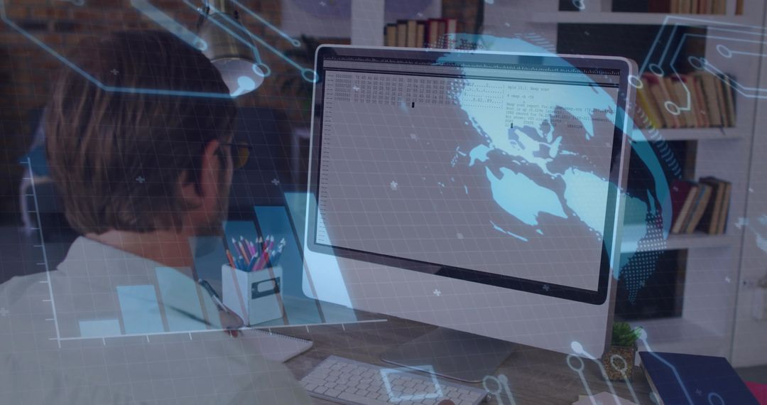 Software Developer Coding at Home Office with Futuristic Graphic Overlay