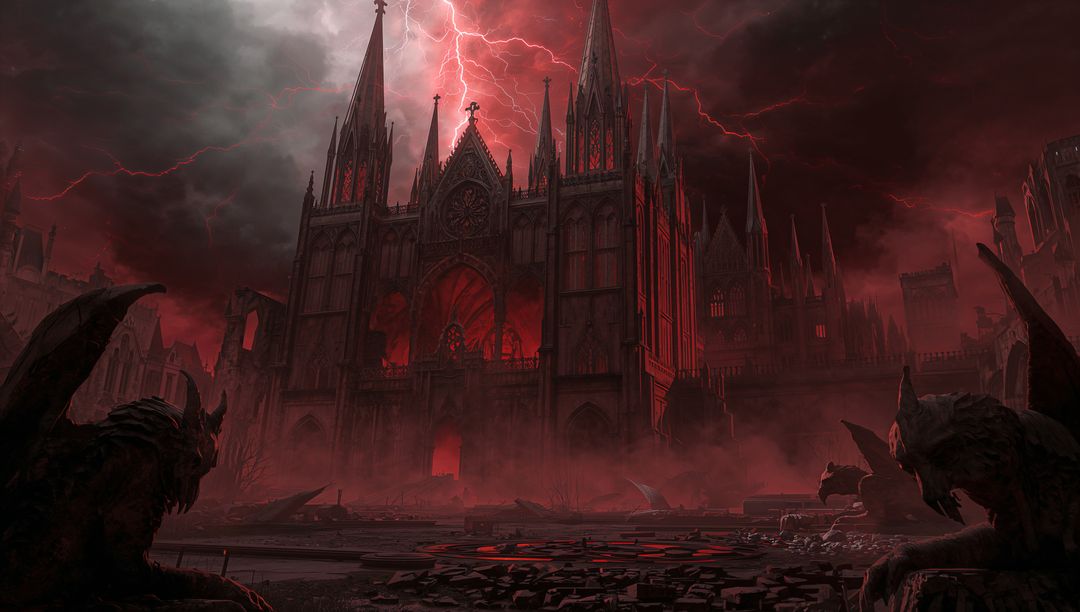 Eerie Gothic Cathedral with Red Glow and Stormy Sky