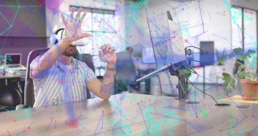 Man Wearing VR Headset Exploring Virtual Office Environment