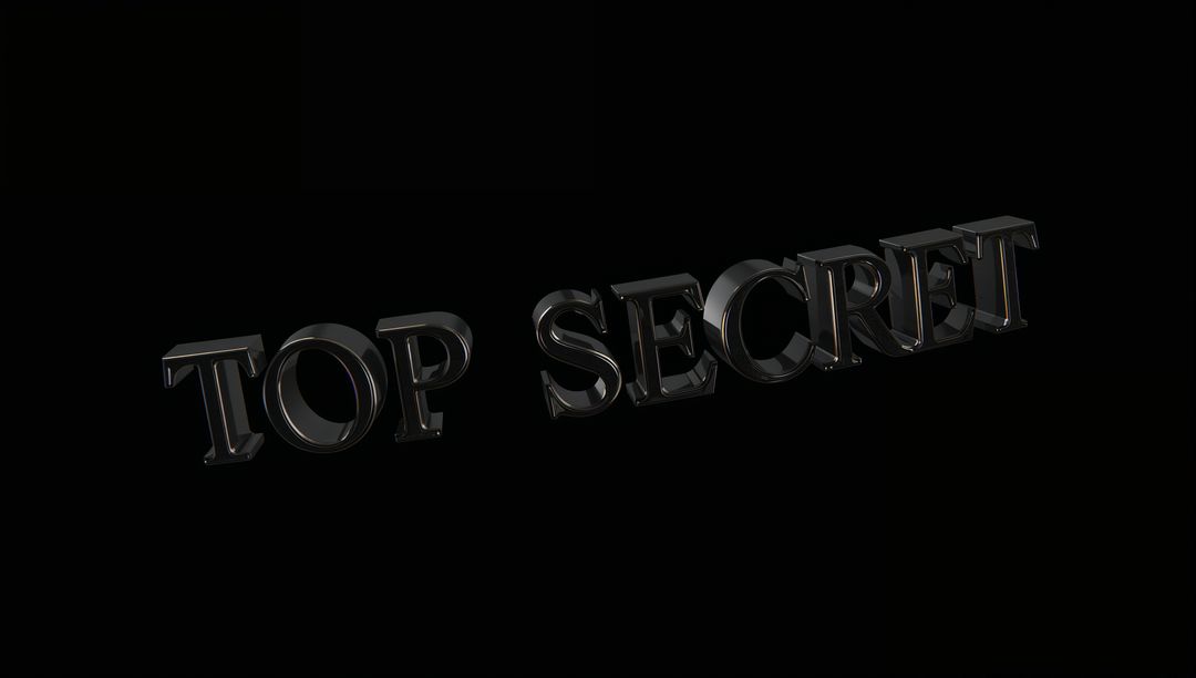 Floating glossy TOP SECRET lettering in dark minimal 3D metallic typography