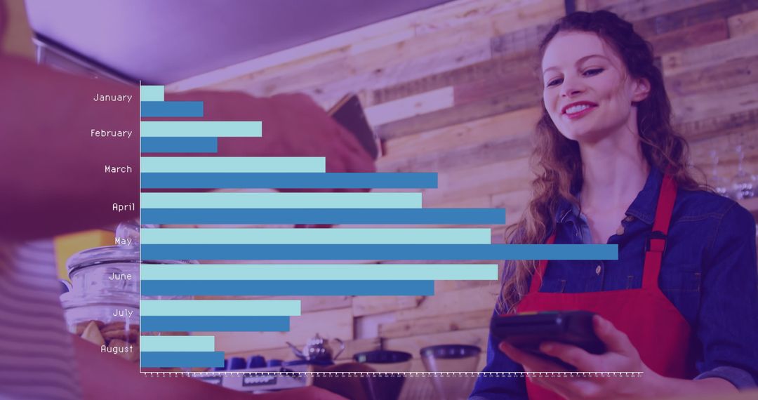 Smiling Cashier Accepts Digital Payment with Bar Graph Overlay