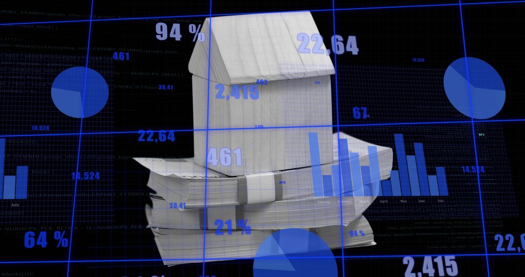House and Banknotes Amid Virtual Financial Data Visualization