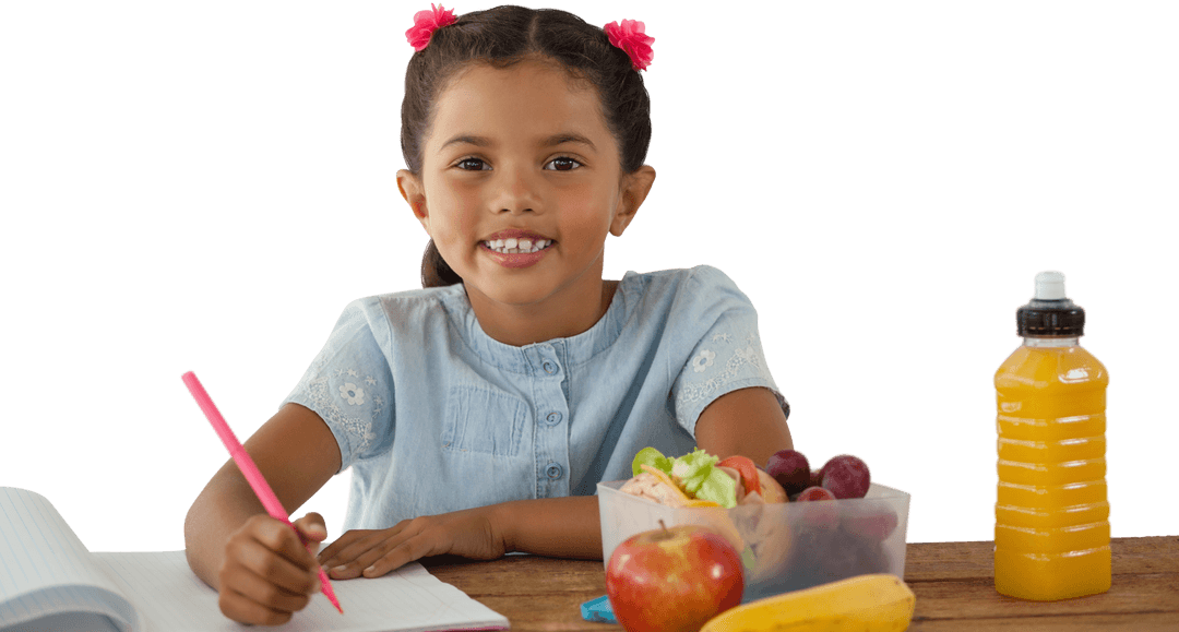 Transparent Portrait of Smiling Girl Studying at Desk with Snacks