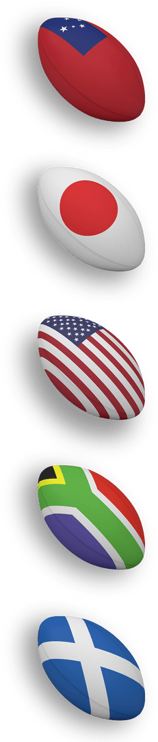 National Rugby Balls Featuring Global Flags on Transparent Background