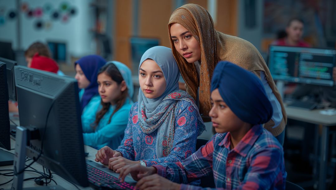 Diverse Students with Teacher Collaborating in Computer Lab