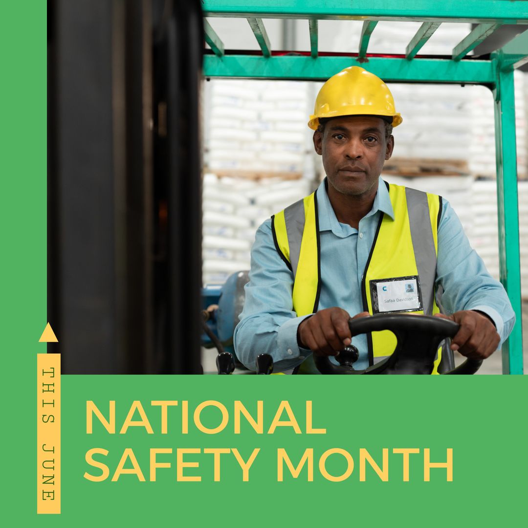 Forklift Driver in Warehouse Highlighting National Safety Month - Download Free Stock Templates Pikwizard.com