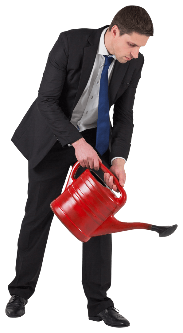 Transparent Businessman with Red Watering Can in Formal Suit