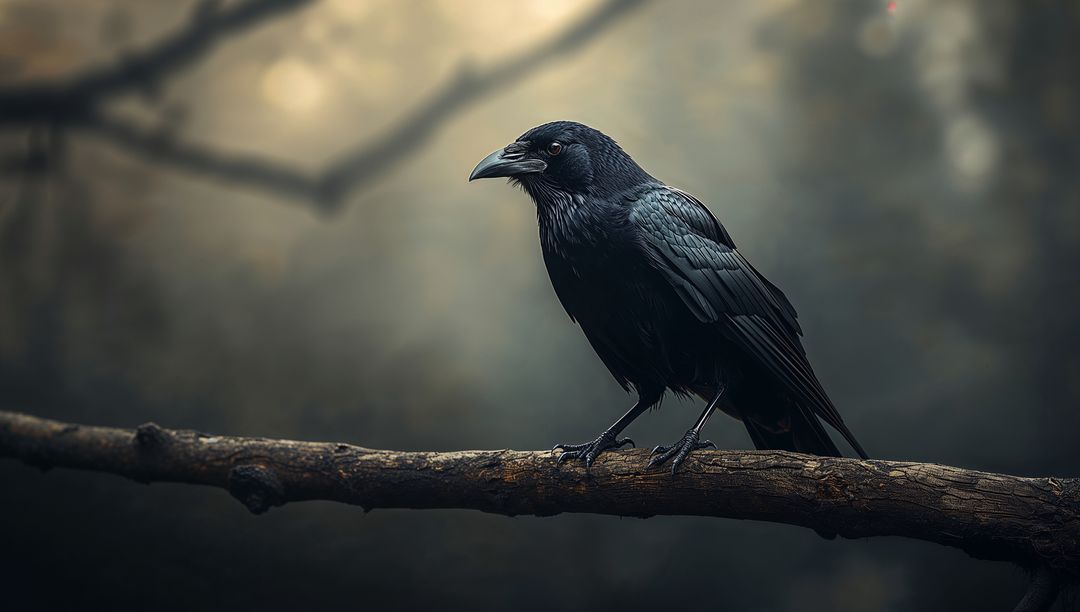 Solitary Black Crow Perching in Misty Forest