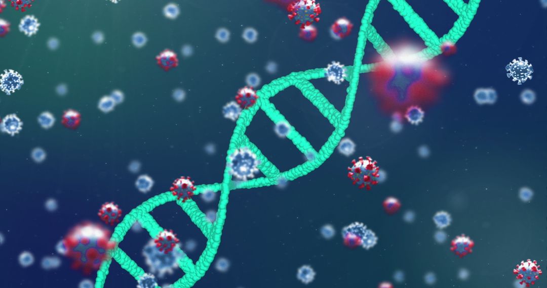 DNA Strand with Coronavirus Particles Highlighting Pandemic Concepts