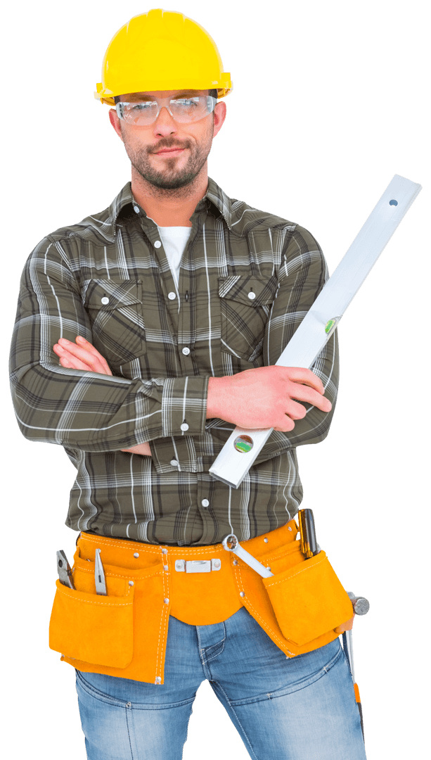 Confident Construction Worker Holding Transparent Level Tool