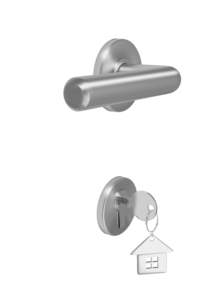 Metal Doorknob with Lock and Key Featuring House-Shaped Ring Transparent Background