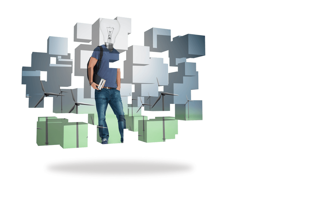 Transparent Composite Illustration Student with Light Bulb Overlay