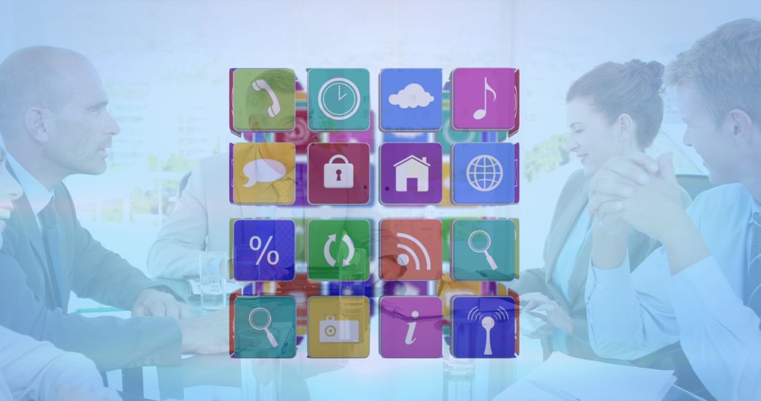 Business Meeting Collaboration with Digital Tech Cube Overlay