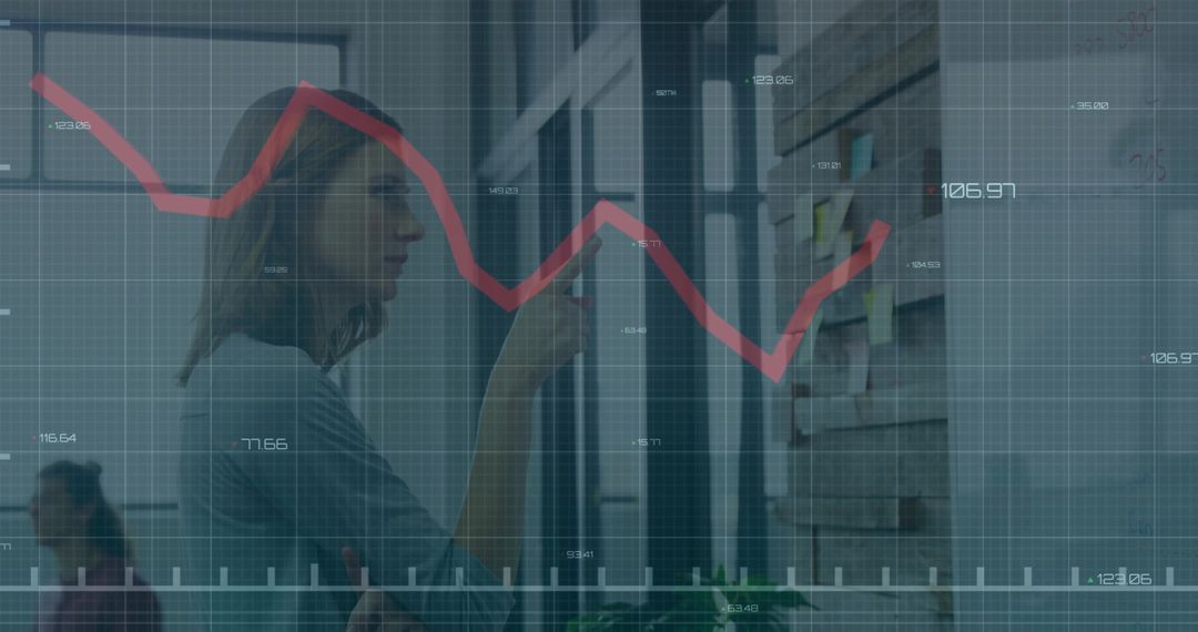 Businesswoman using smartphone consulting sticky-note wall with red data chart overlay