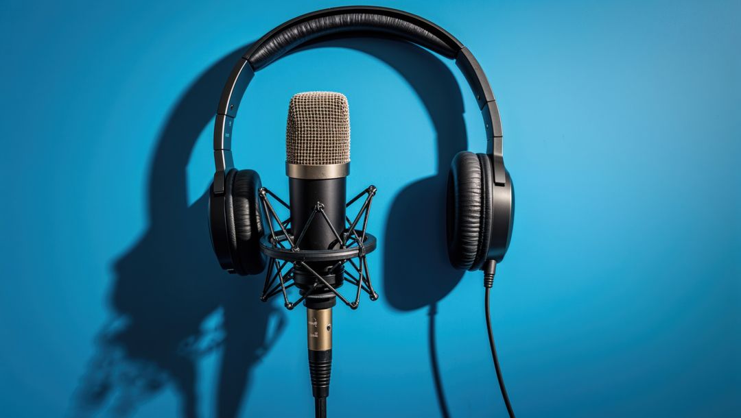Studio Microphone with Headphones on Blue Background