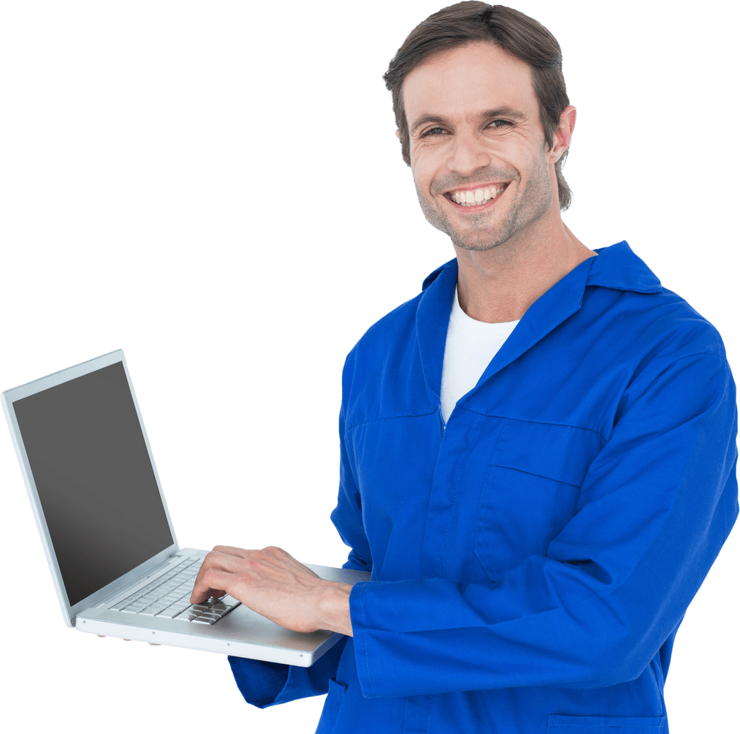 Smiling Mechanic in Blue Jumpsuit with Laptop on Transparent Background