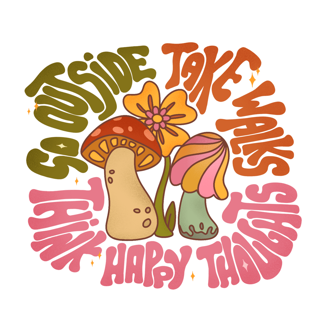 Vibrant Botanical Illustration With Mushrooms and Flower, Transparent Background