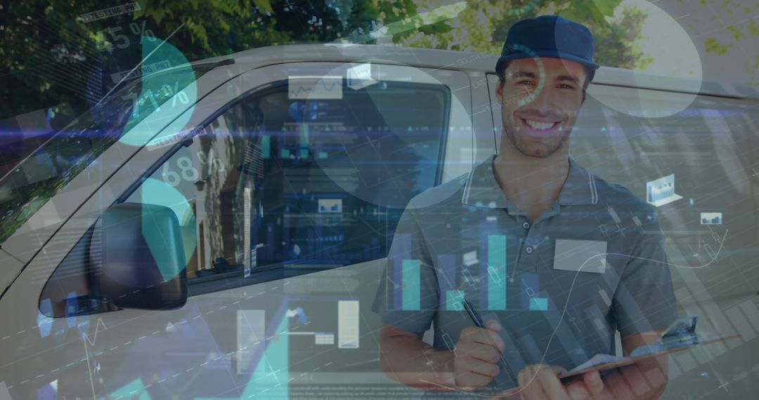Delivery Man with Financial Data Overlay and Van