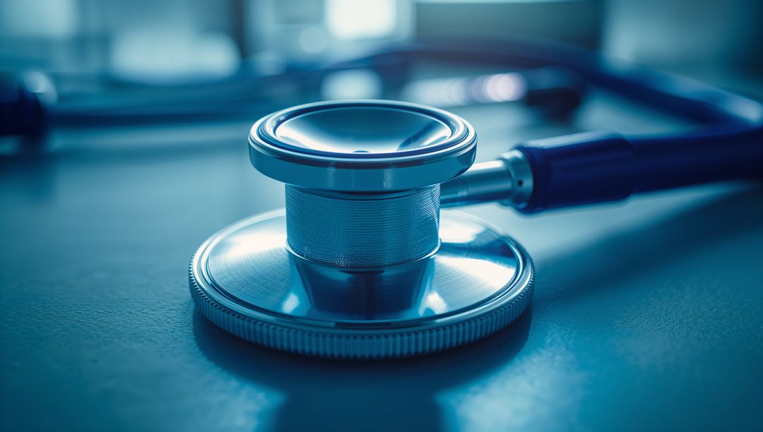 Close-Up of Stethoscope Illuminated by Blue Light on Doctor's Desk