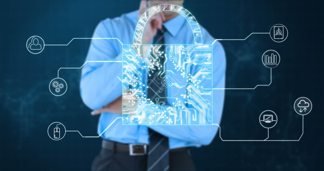 Businessman Analyzing Virtual Lock Connections in Cybersecurity