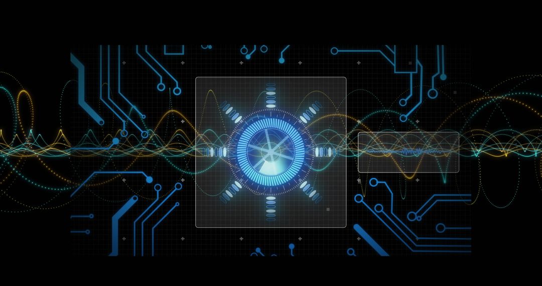 Futuristic Glowing Hub With Circuit Interfaces and Waveforms