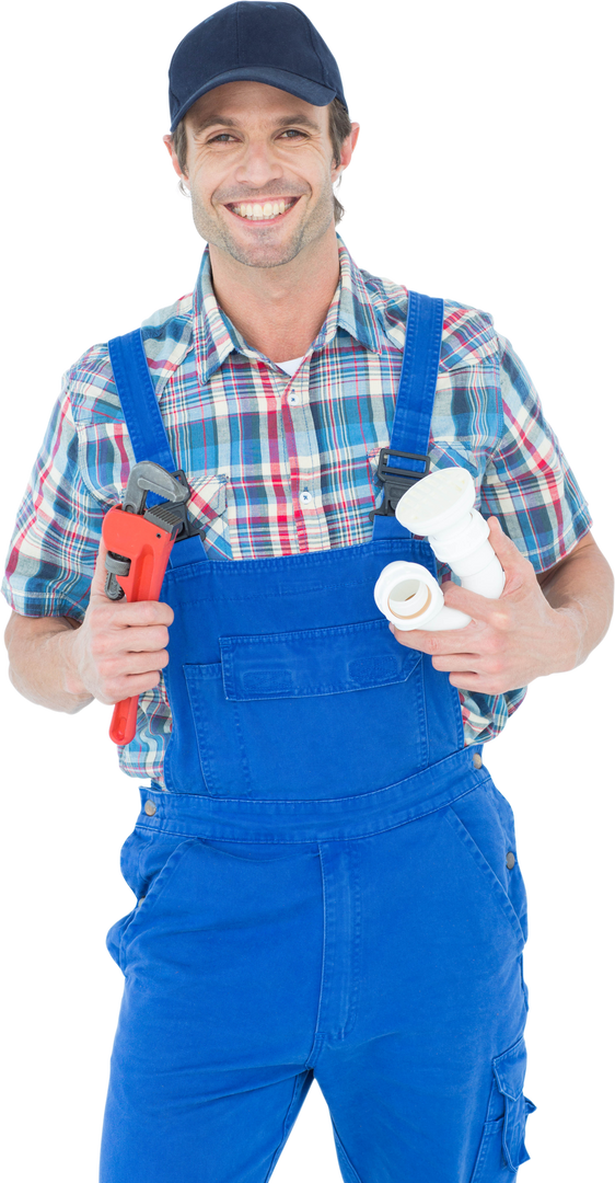 Confident Plumber Holding Wrench with HVAC Repair Tools, Isolated, White Background - Download Free Stock Images Pikwizard.com