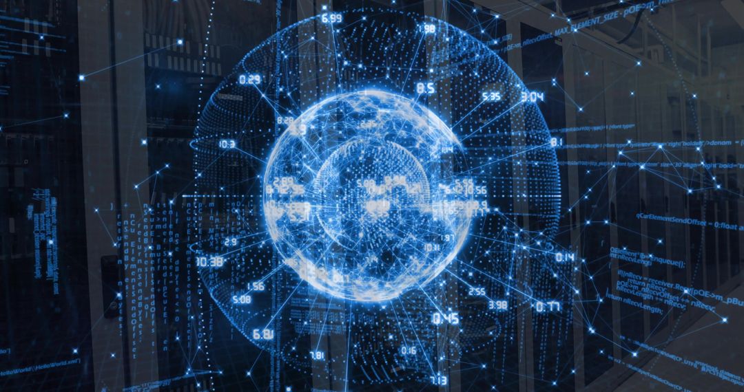 Futuristic Blue Digital Globe in Modern Data Center