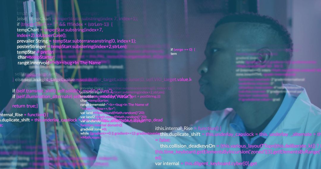 Scientist Analyzing Tech Innovation in Laboratory with Code Overlay