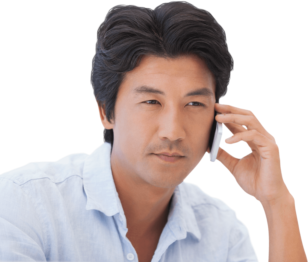Serious Asian Man Talking on Smartphone Transparent Background