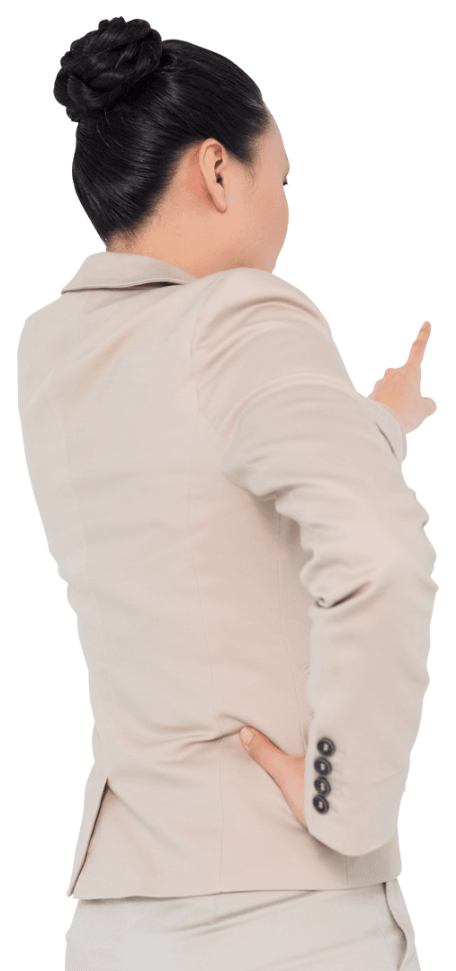 Back View of Asian Businesswoman Pointing on Transparent Background
