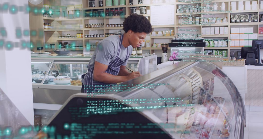 Digital Financial Analysis Visuals Overlying Shop Keeper Working