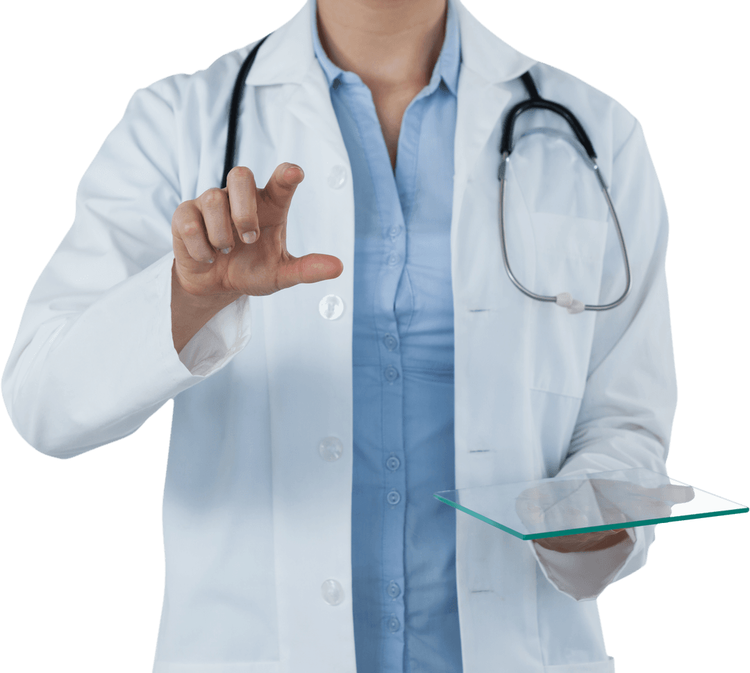Female Doctor Using Transparent Touchscreen with Tablet